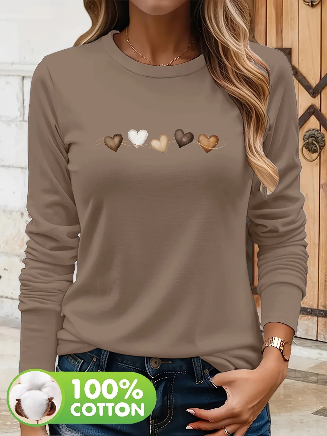 T Shirt Da Donna Autunno Inverno 100 Percento Cotone Con Stampa Cuore Girocollo Maniche Lunghe