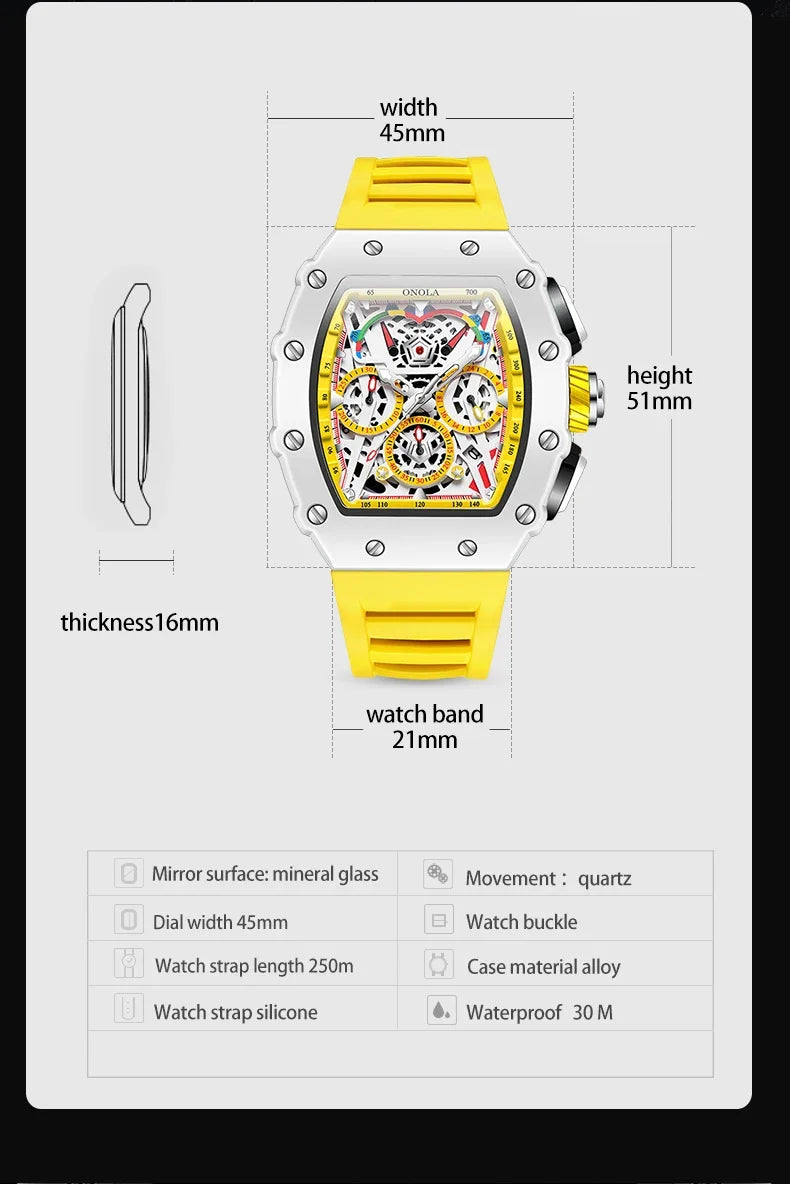 Orologio Da Uomo Di Lusso Onola Moda Casual Cinturino In Silicone Multifunzione Quarzo Impermeabile Bianco