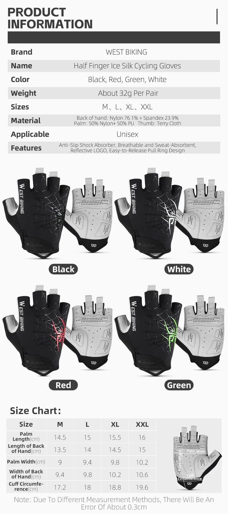West Biking Guanti da Ciclismo Mezze Dita Spider Pattern Estivi Touch Screen per Bici da Strada e Mountain Bike