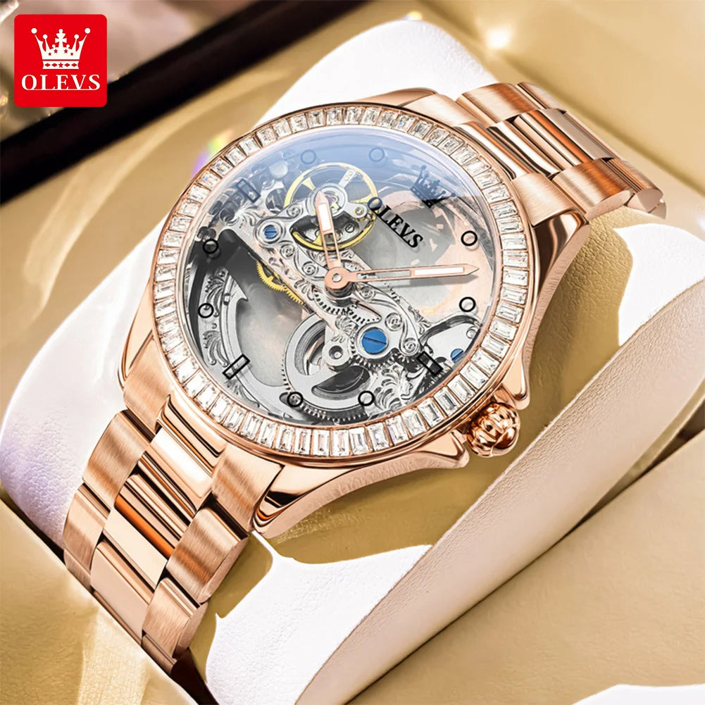 OLEVS 6699 Orologio Meccanico Da Donna Con Lunetta Diamanti Lusso Automatico Di Marca