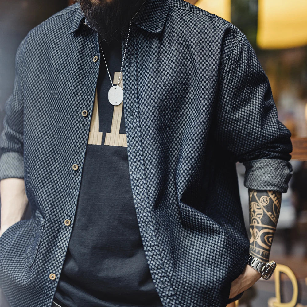 Camicia Jeans Quadri Retrò Da Uomo Con Maniche Lunghe E Giacca Monopetto Con Risvolto Ampio Versatile Primavera Autunno