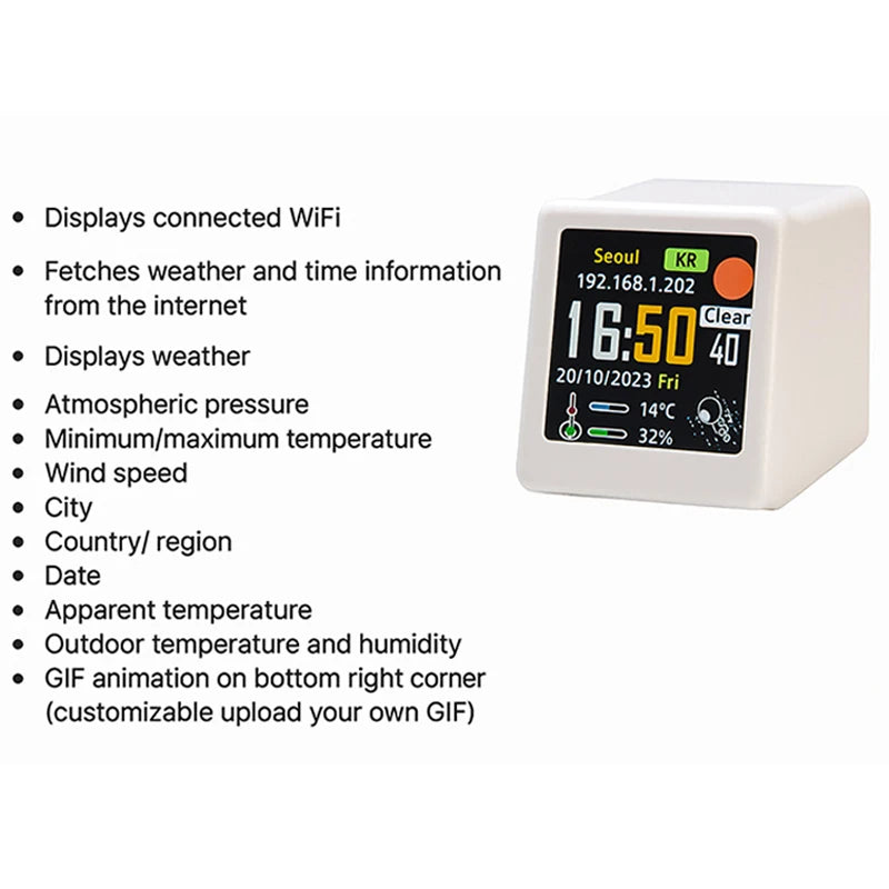 Orologio Stazione Meteo WiFi Ultra Intelligente GeekMagic Decorazione Letto Ora Dati Album Fotografico Gif Animazione