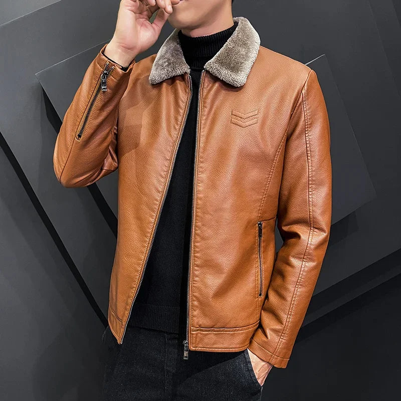 Giacca In Pelle Ispessita Da Uomo Invernale Con Cerniera E Bavero Design Taglie Forti Bomber