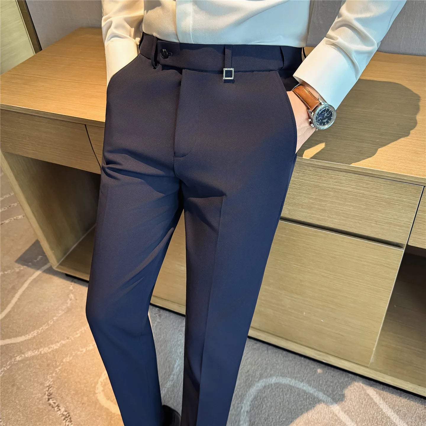 Pantaloni Da Uomo 2026 Primavera Slim Fit Eleganti Elasticizzati Tinta Unita Business Casual Pantaloni Da Ufficio