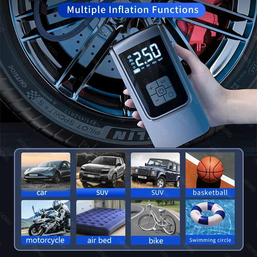 Gonfiatore Elettrico Per Pneumatici Con Compressore Portatile Senza Fili Con Display LCD Per Auto Moto Palle Bicicletta