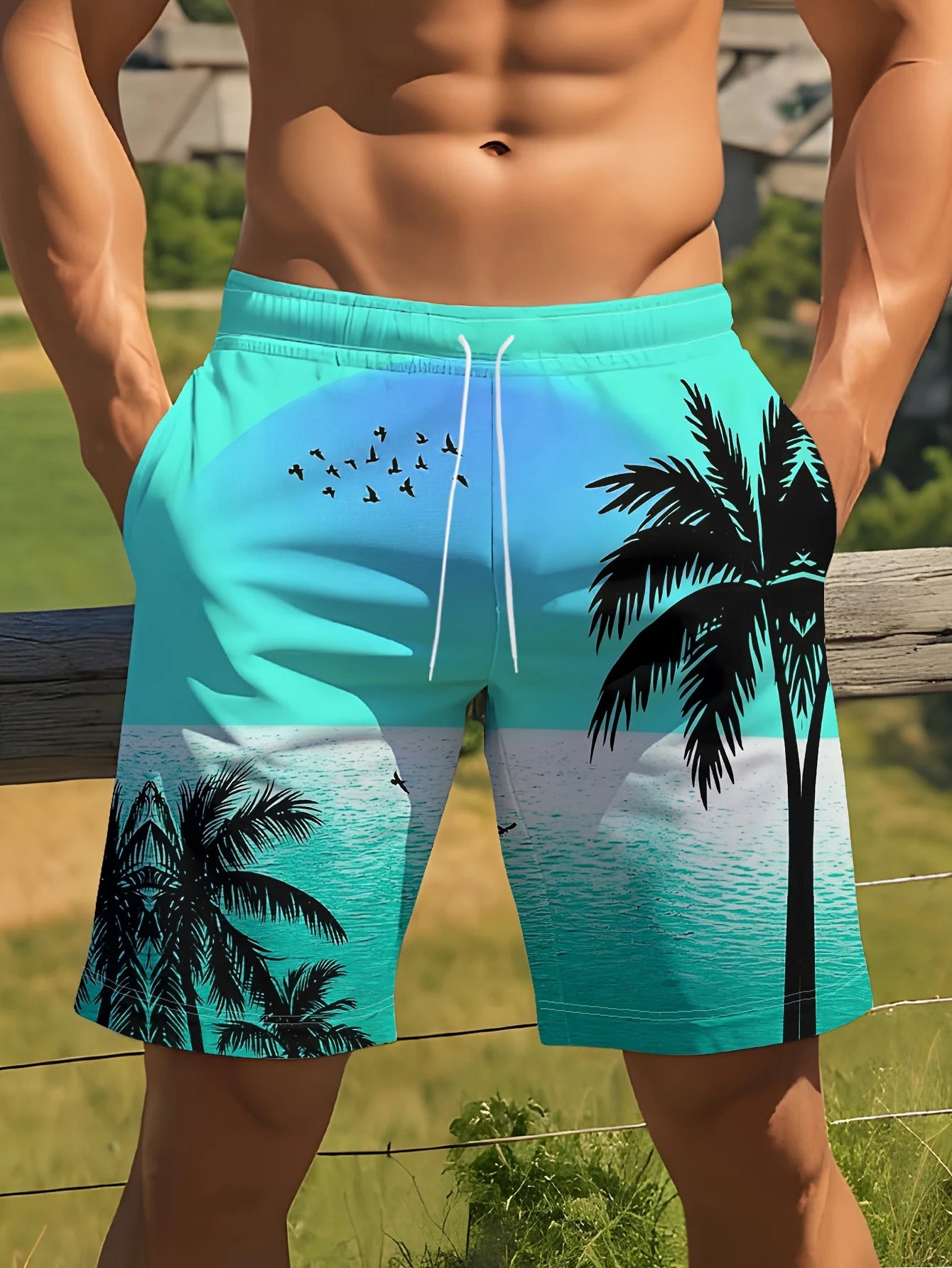 Costume Da Bagno Hawaiano Da Uomo Stampa Palme Sfumate 3D Ad Asciugatura Rapida Spiaggia All Aperto