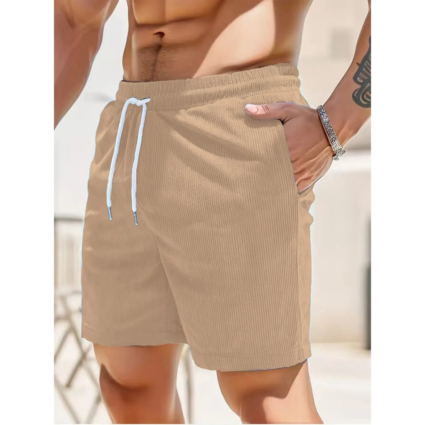 Pantaloncini Estivi Da Uomo In Velluto A Coste Tinta Unita Con Lacci Casual E Semplici