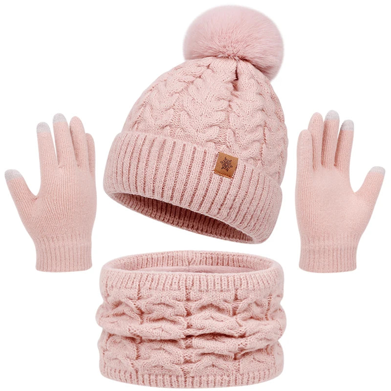 Set Cappello Invernale Donna Sciarpa Guanti Con Pompon Pelo Lavorato A Maglia Per Ragazze Adolescenti