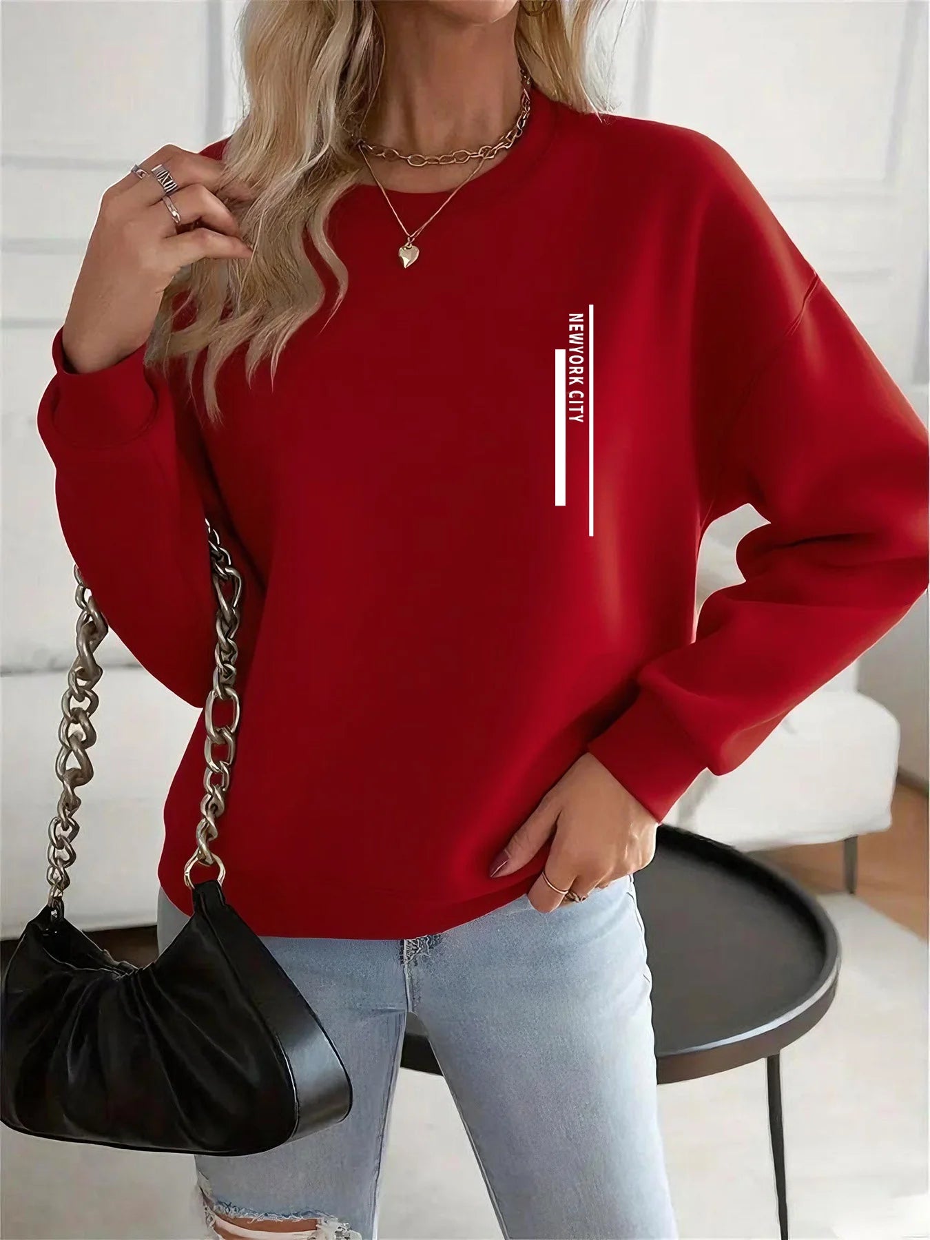 Felpa Donna Con Stampa Cuore Design Geometrico Manica Lunga Girocollo Lavabile In Lavatrice Vestibilità Regolare Autunno