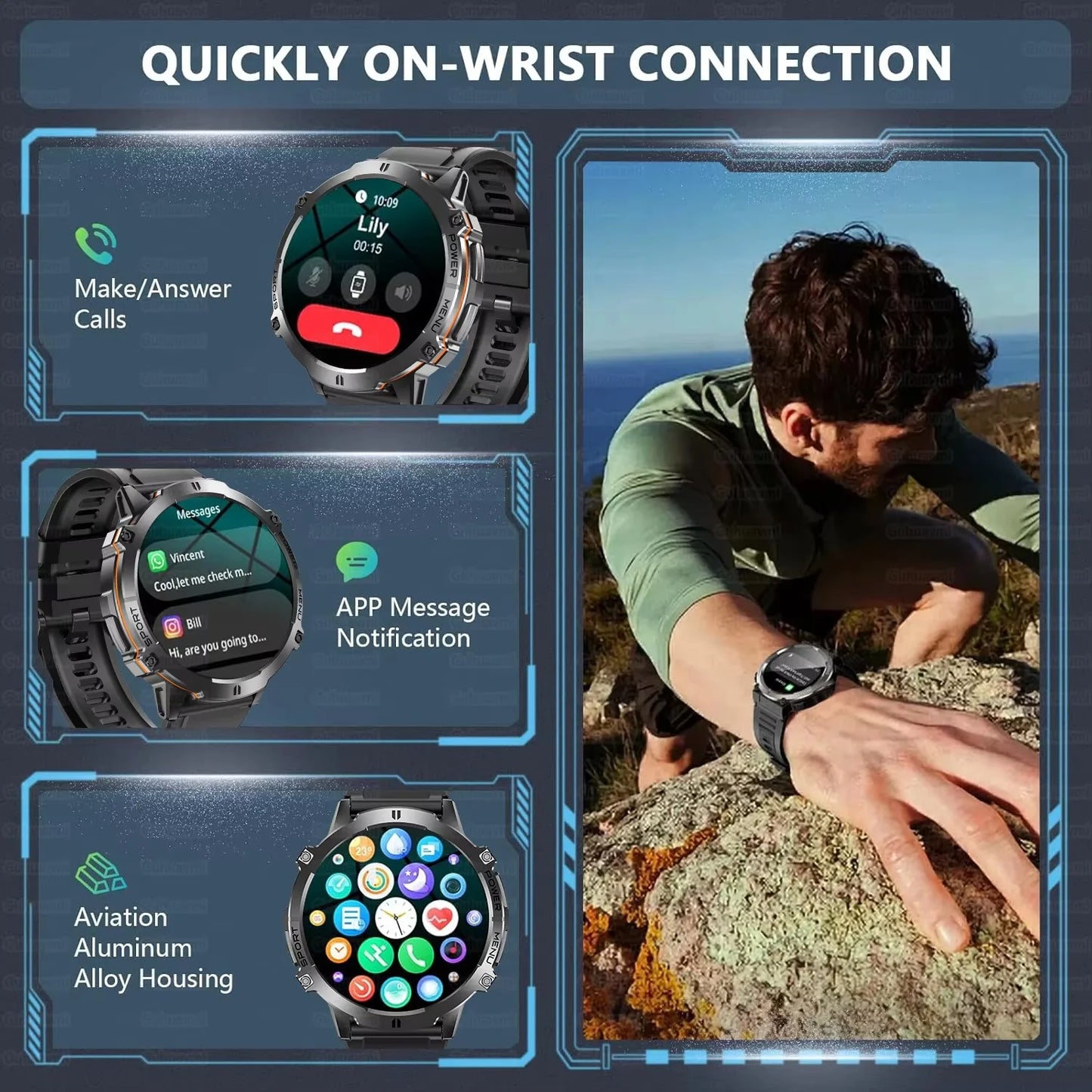 Orologio Intelligente Da Esterno T Rex 3 Militare GPS Impermeabile 5ATM Batteria 1000mAh Chiamate HD 170 Modalità Sport