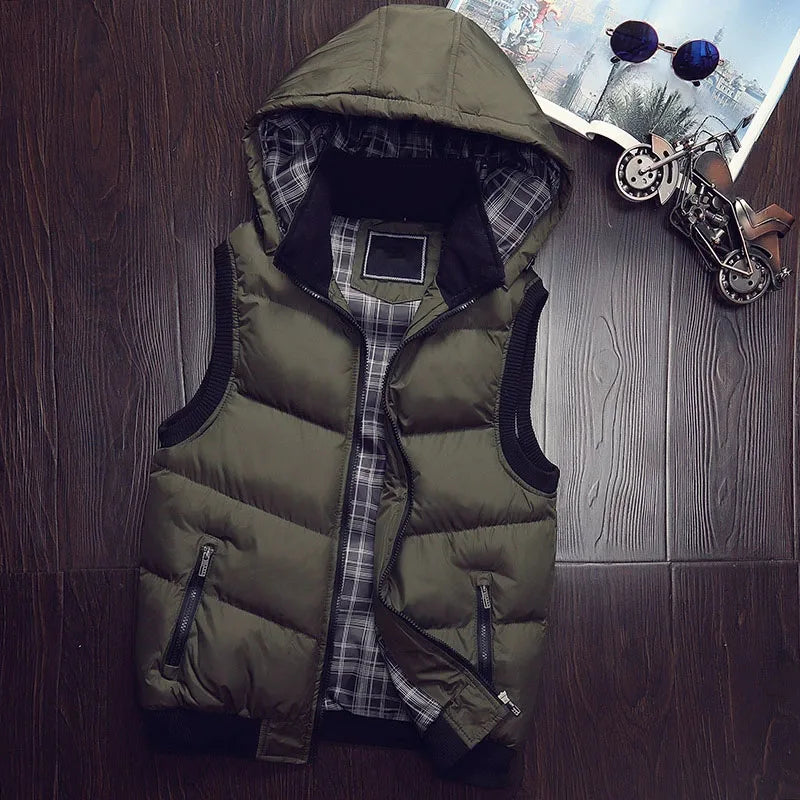 Gilet Invernale Imbottito Da Uomo Con Cappuccio In Cotone Colore A Contrasto Senza Maniche Caldo E Spesso