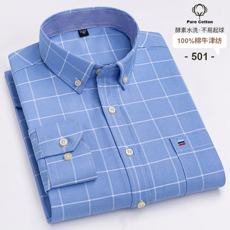 Camicia Da Uomo In Cotone Oxford A Quadri Maniche Lunghe Vestibilità Regolare Con Tasca Frontale