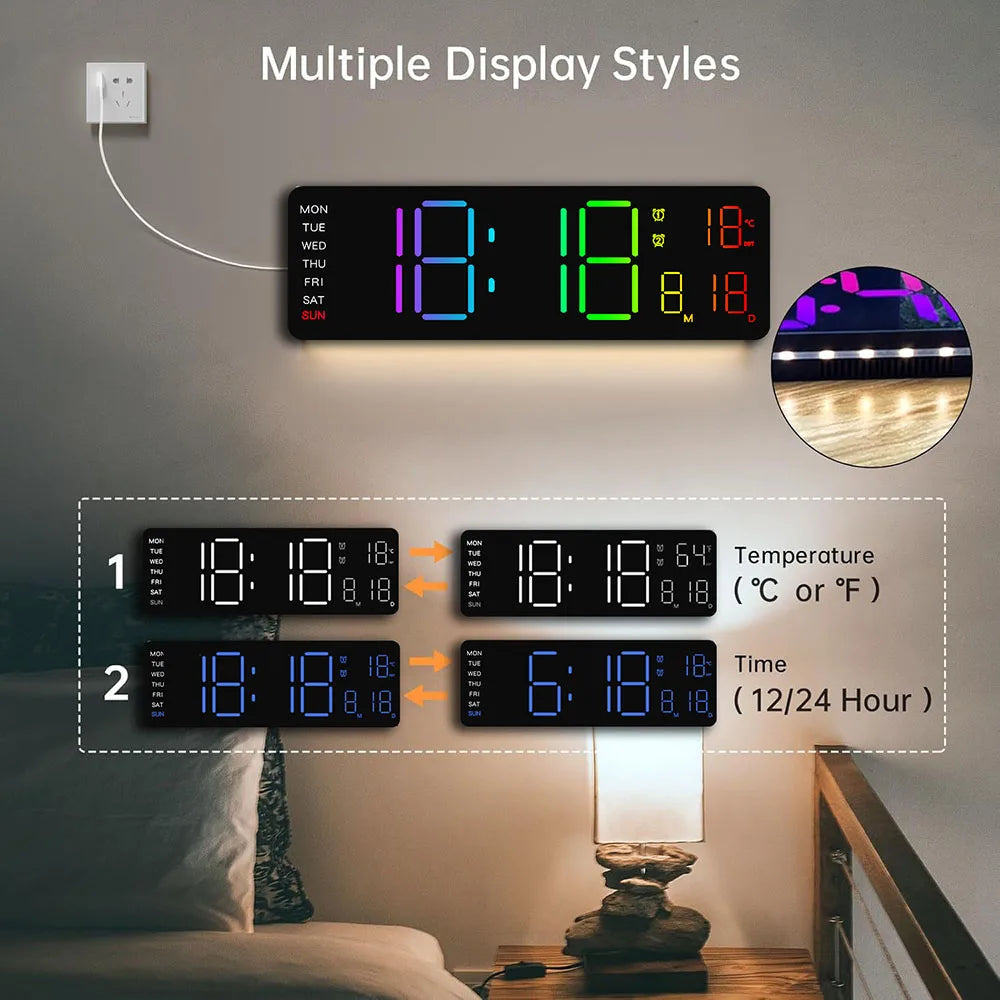 Orologio Da Parete Digitale A Led Con Calendario Telecomandato Luce Notturna Colorata Per Soggiorno Casa Intelligente