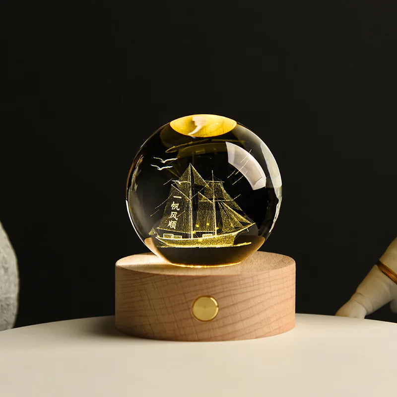 Sfera Di Cristallo 6 Cm Luce Notturna Pianeta Inciso Laser Regalo Di Compleanno Decorazione Desktop Con Base USB Legno