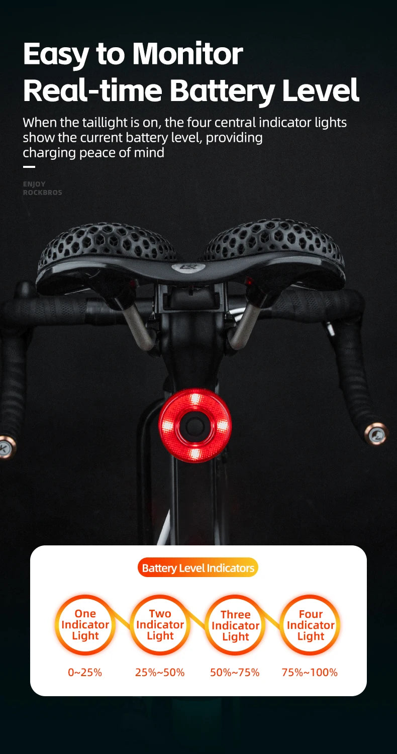 ROCKBROS Fanale Posteriore Per Bicicletta Intelligente Ricaricabile Tipo C Impermeabile IPX7 Per Guida Notturna