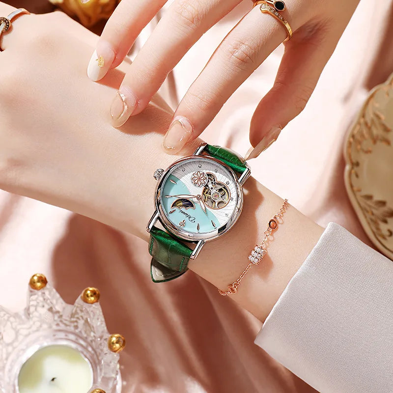 Orologio Da Donna Automatico Impermeabile Con Fasi Lunari E Fiori Girevoli Lusso Di Marca Pregiata
