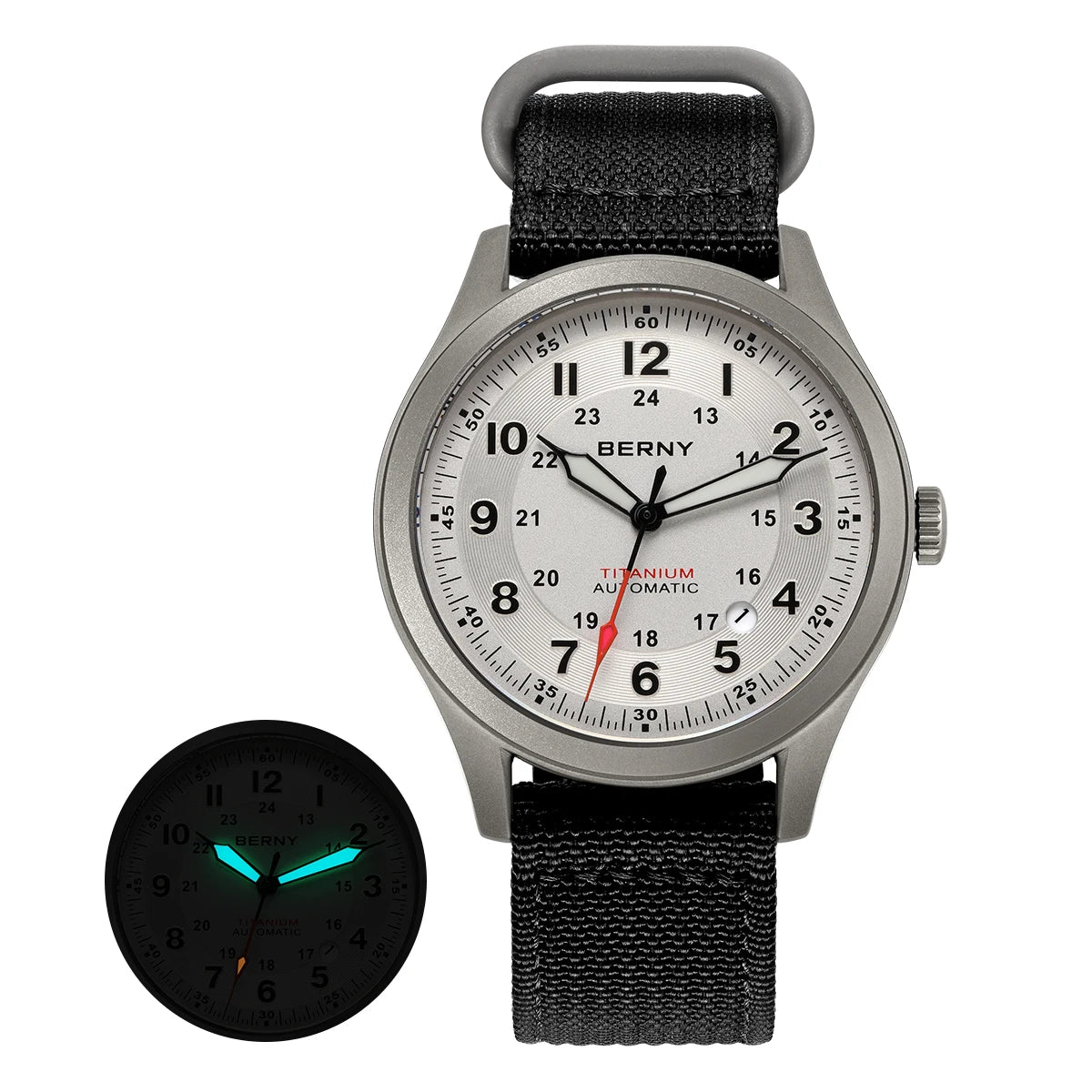 BERNY Orologio Da Campo Da Uomo Automatico In Titanio Con Vetro Zaffiro Luminoso Calendario 10ATM Impermeabile Da Pilota