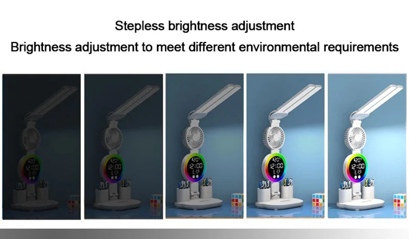 Lampada Da Tavolo Led Con Ventilatore Orologio Ricaricabile Luminosità Regolabile Per Studio Scrivania