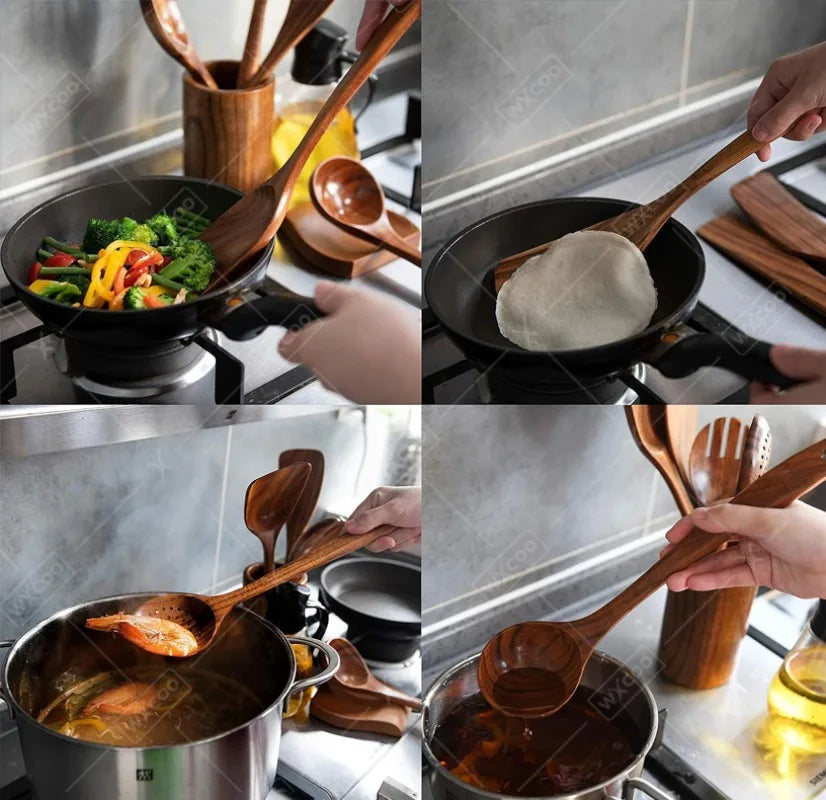 Wxcoo Cucchiai Da Cucina In Legno Di Teak Naturale Set Spatole E Paletta In Legno Antiaderente Utensili Da Cucina