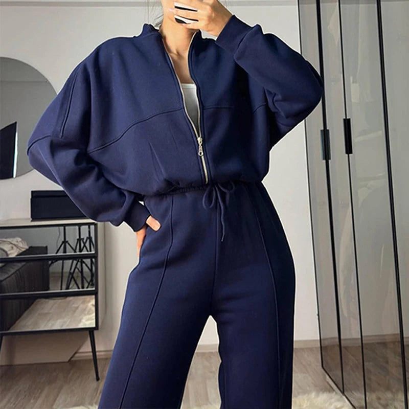 Set Di Tute Da Donna Casual Cardigan Corto Allentato Con Cerniera E Pantaloni Sportivi Con Coulisse Streetwear