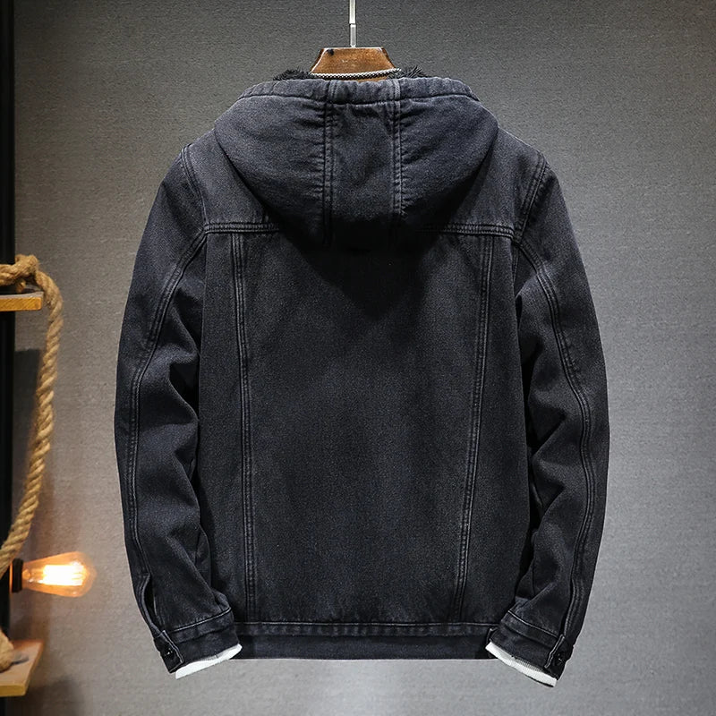 Giacca Jeans Uomo Invernale Termica Spessa Con Cappuccio In Pile Denim Casual Fit Trend