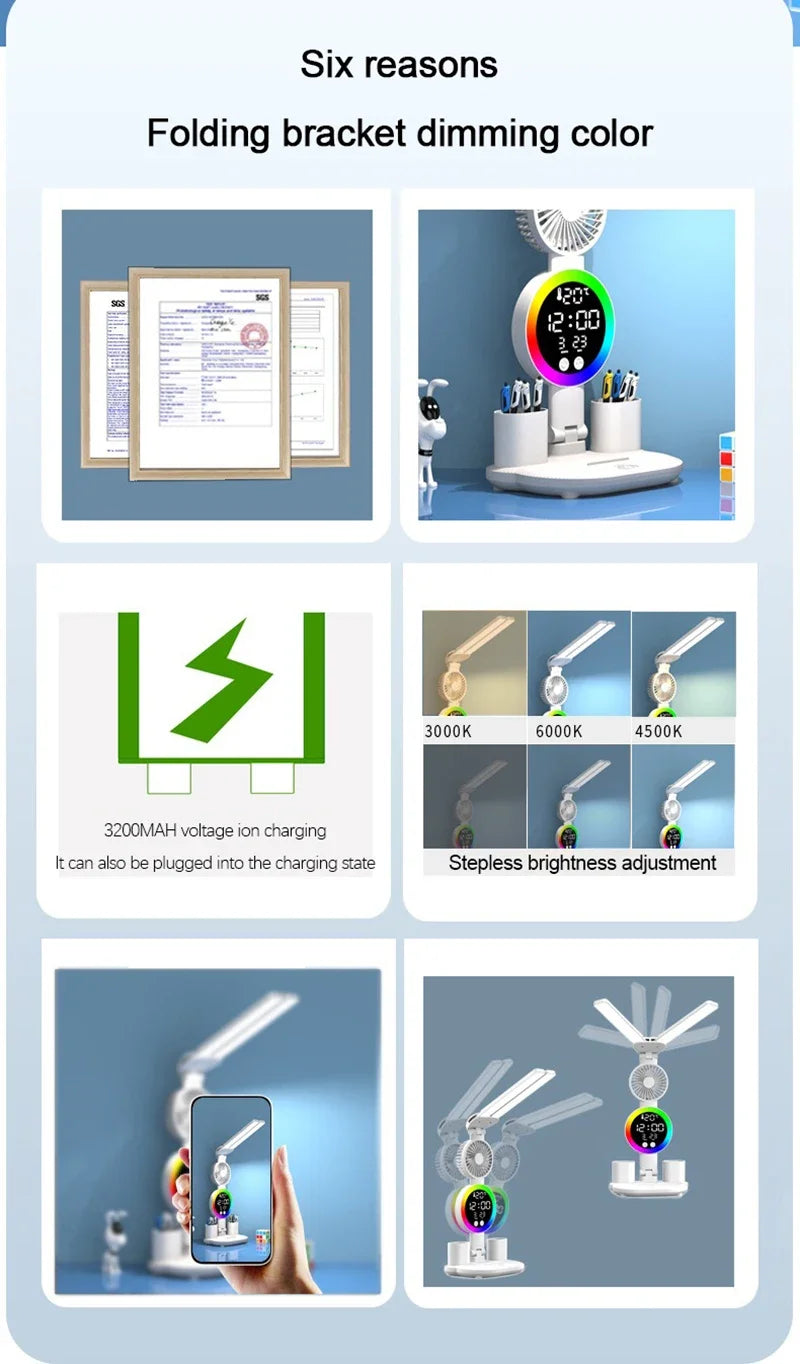 Lampada Da Tavolo Led Con Ventilatore Orologio Ricaricabile Luminosità Regolabile Per Studio Scrivania