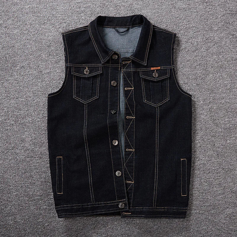 Gilet In Denim Da Uomo Plus Size Elasticizzato Senza Maniche Stile Moto Con Tasche 6XL 7XL 8XL