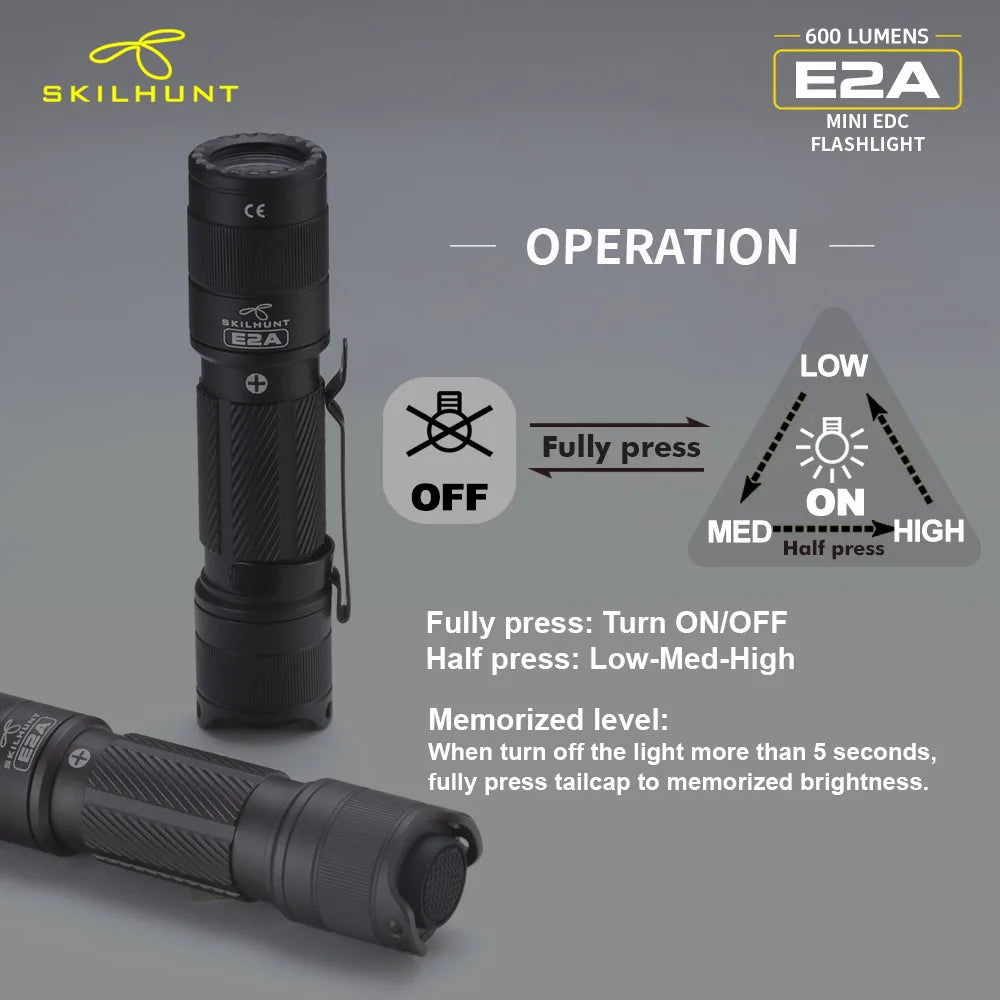 Skilhunt E2A 600 Lumen Mini Torcia LED EDC Tascabile Ricaricabile Compatibile Con Batteria 14500 O AA