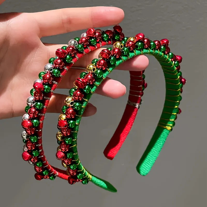 Fascia Natalizia Festiva Con Perline Rosse Verdi Accenti Dorati E Ciondoli A Campana Poliestere Avvolto A Mano