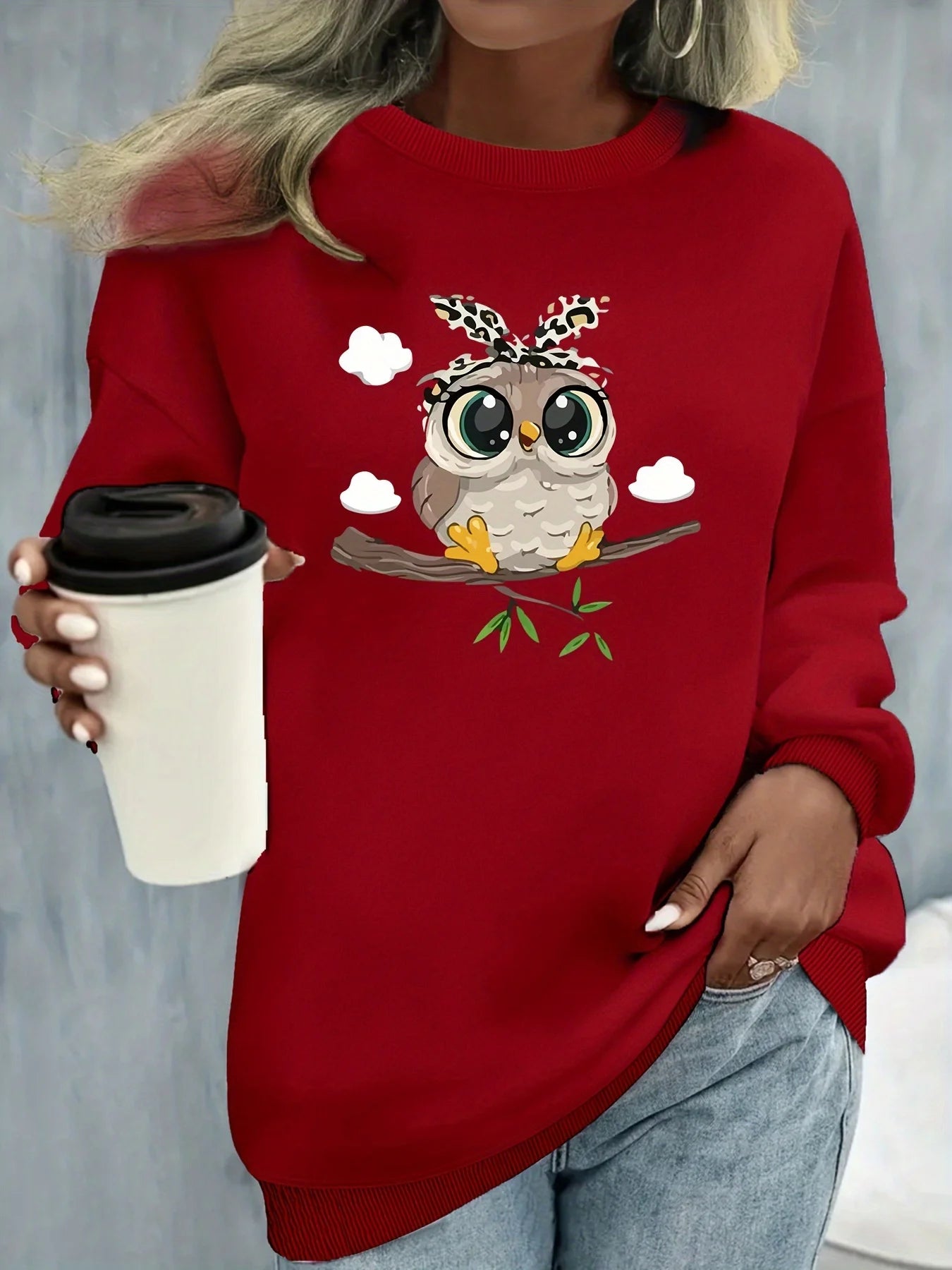 Pullover da Donna Autunno Inverno Casual Ampio con Motivo Gatto Caldo Stampato Girocollo a Maniche Lunghe