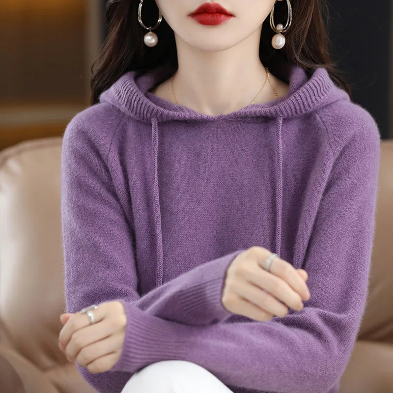 Maglione Con Cappuccio Donna Autunno Inverno Maniche Lunghe Tinta Unita Felpa Lavorata A Maglia Con Coulisse Allentate