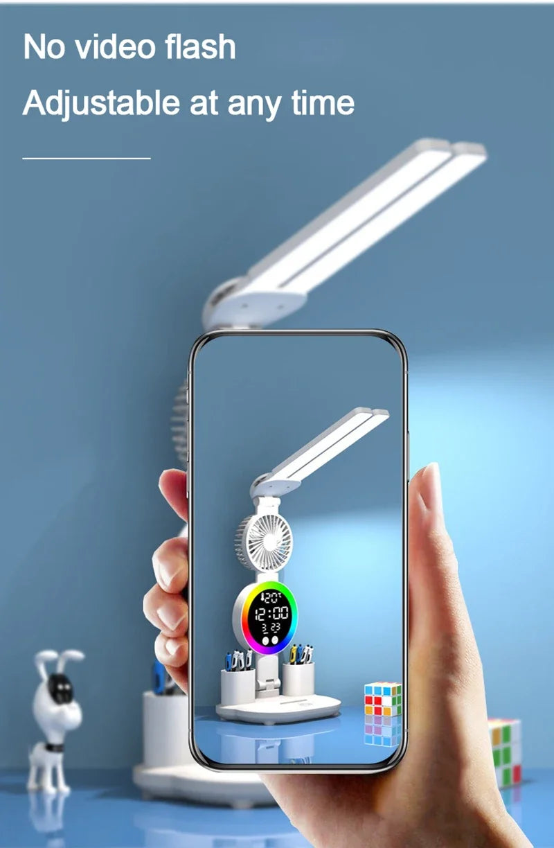 Lampada Da Tavolo Led Con Ventilatore Orologio Ricaricabile Luminosità Regolabile Per Studio Scrivania