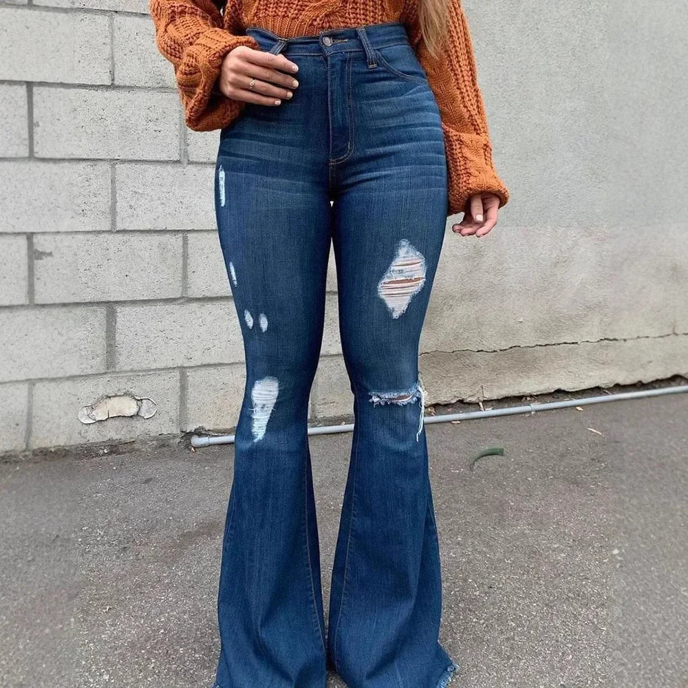 Jeans Zampa Elefante Vita Alta Da Donna Con Strappi Pantaloni Lunghi Super Elastici Design Lavato Origine Cinese