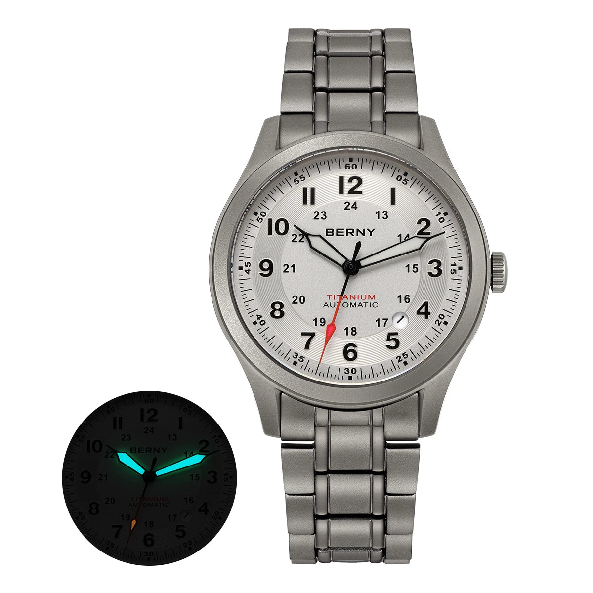 BERNY Orologio Da Campo Da Uomo Automatico In Titanio Con Vetro Zaffiro Luminoso Calendario 10ATM Impermeabile Da Pilota