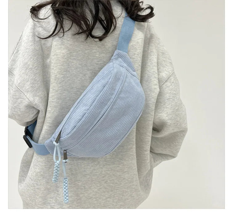 Marsupio da Donna in Velluto a Coste di Grande Capacità Borsa da Petto Stile Street Borsa a Tracolla Cintura Casual