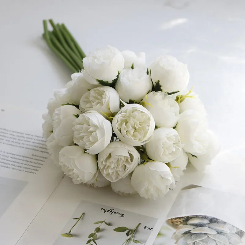 Rosa Rosa Peonia Fiori Artificiali In Seta Bouquet Da 27 Teste Per Vaso Da Tavolo Decorazione Nozze Casa