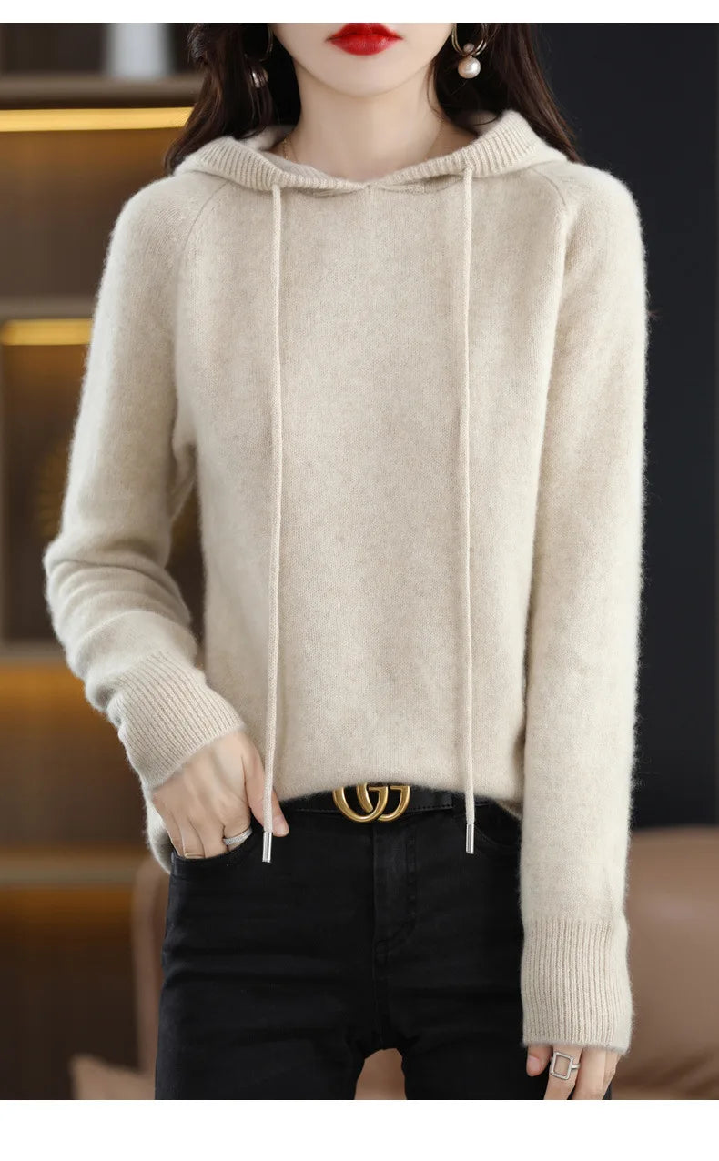 Maglione Con Cappuccio Donna Autunno Inverno Maniche Lunghe Tinta Unita Felpa Lavorata A Maglia Con Coulisse Allentate