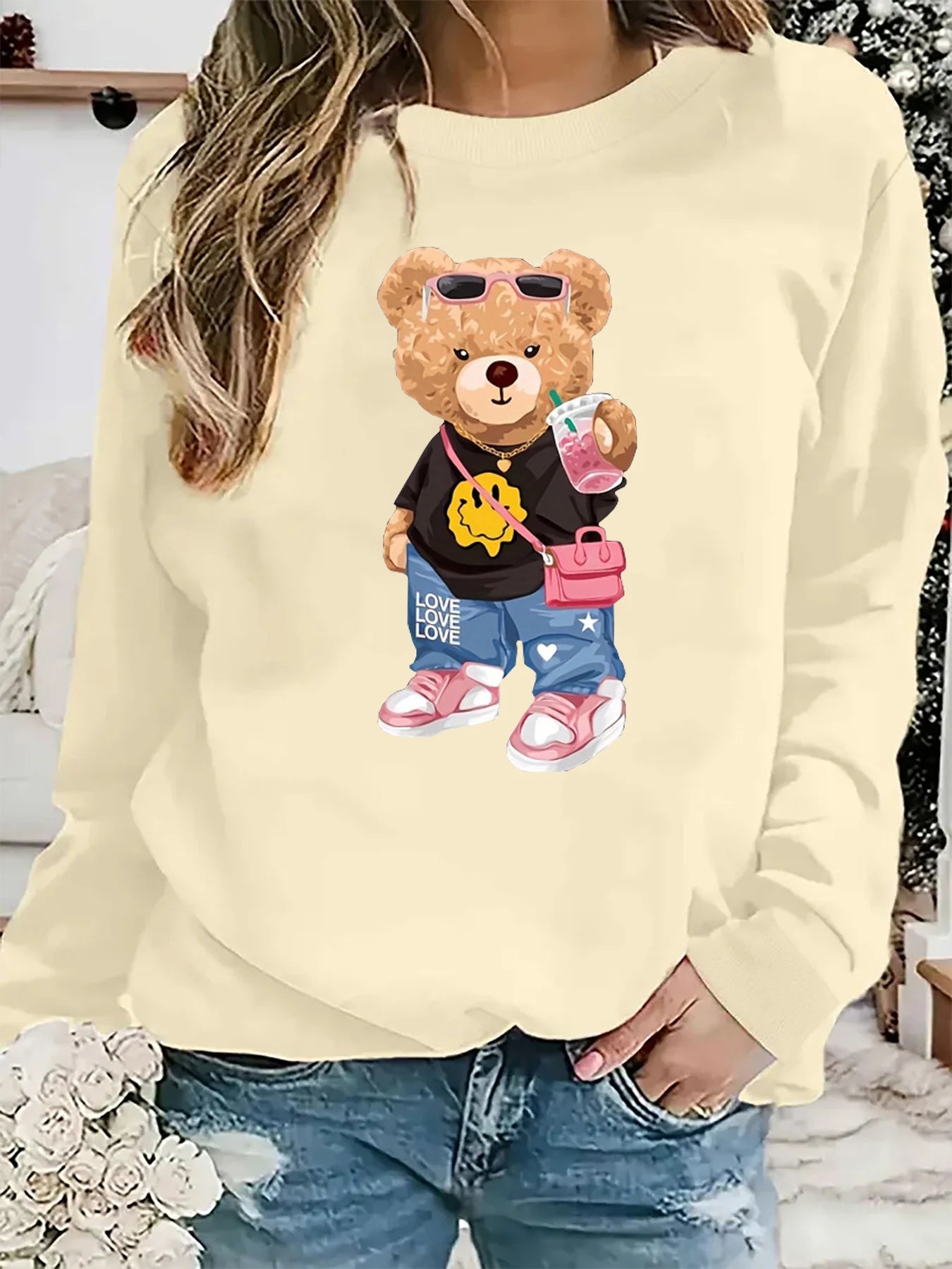 Pullover Da Donna A Maniche Lunghe Con Collo Rotondo E Stampa Di Orsi Caldi, Largo E Comodo, Moda Autunno Inverno