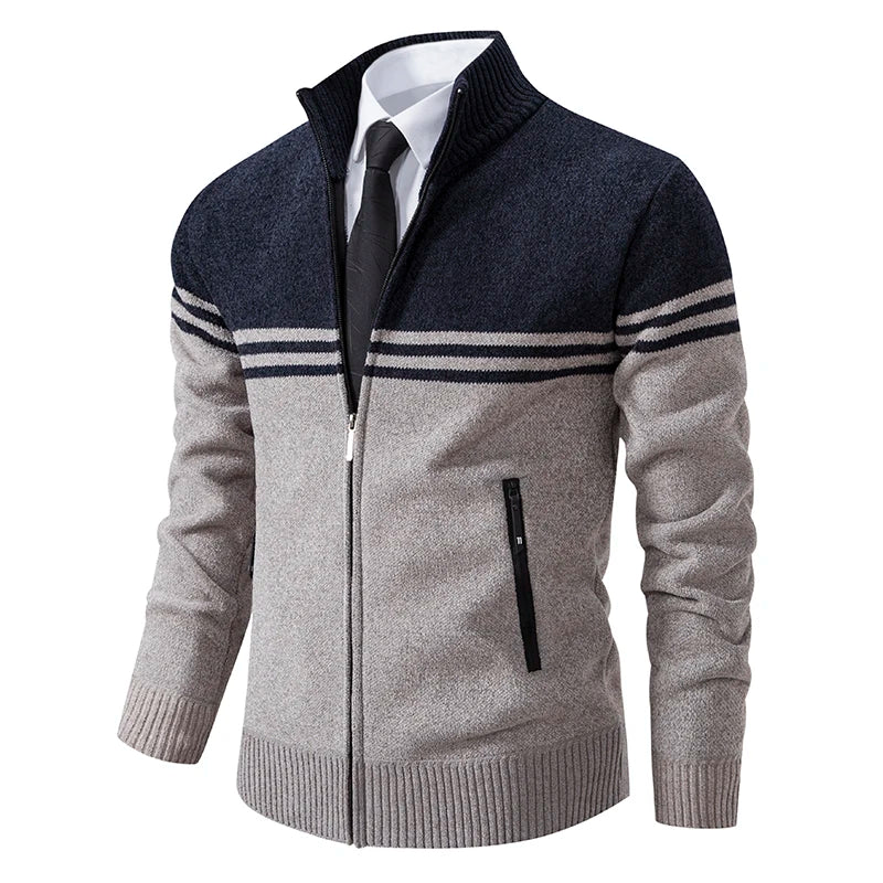 Nuovo Maglione Invernale da Uomo in Pile Spesso con Colletto Coreano e Cerniera Cardigan Casual a Righe