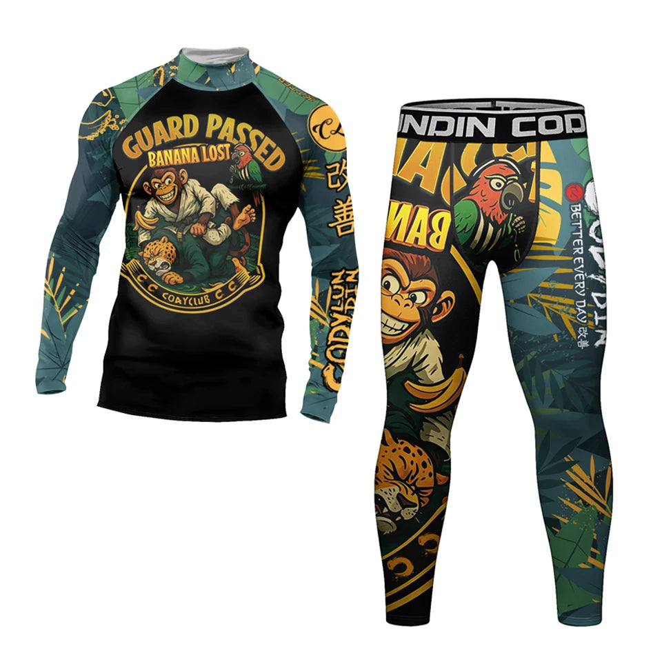 Nuovo Set MMA Da Quattro Pezzi T Shirt Rash Guard Ad Asciugatura Rapida E Pantaloncini Da Combattimento Uomo No Gi BJJ