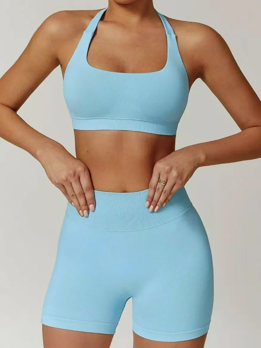 Set Sportivo Da Yoga Donna 2 Pezzi Giacca Seamless Scollo Americana Reggiseno Pantaloncini Elasticizzati Per Fitness