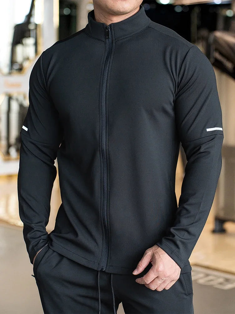 Felpa Con Zip Da Allenamento Per Uomo Manica Lunga Colletto Rialzato Tinta Unita Giacca Sportiva
