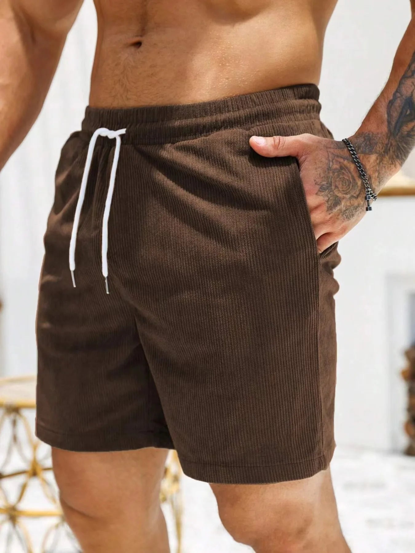 Pantaloncini Estivi Da Uomo In Velluto A Coste Tinta Unita Con Lacci Casual E Semplici