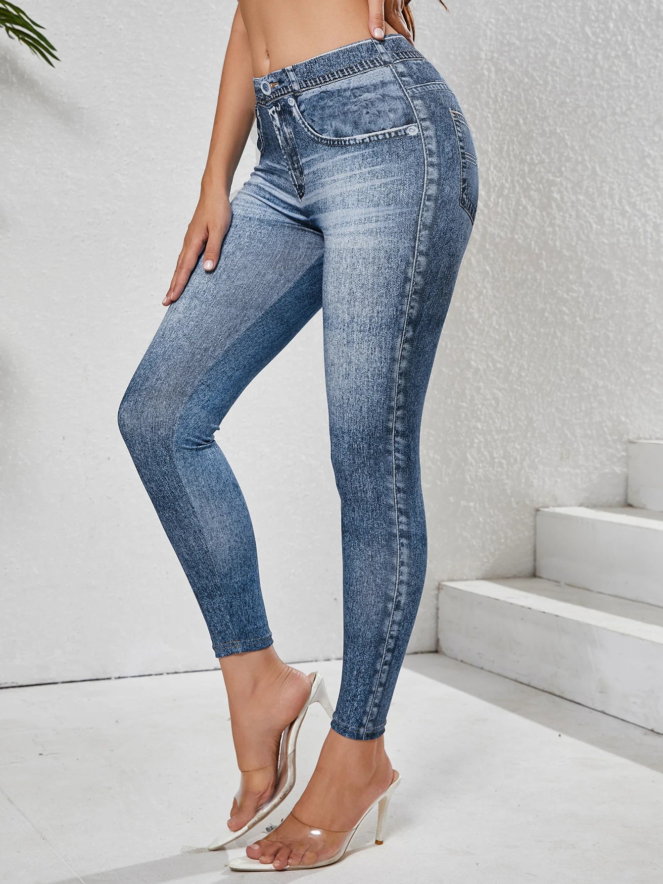 Leggings Denim Imitazione Da Donna Con Tasche Pantaloni Yoga Palestra Comfort Elasticizzati Da Indossare Ogni Giorno
