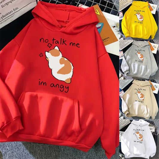 Felpa Con Cappuccio Oversize Donna Stampa Gatto Arrabbiato No Talk Me Cute Hip Hop Streetwear Pile Morbido