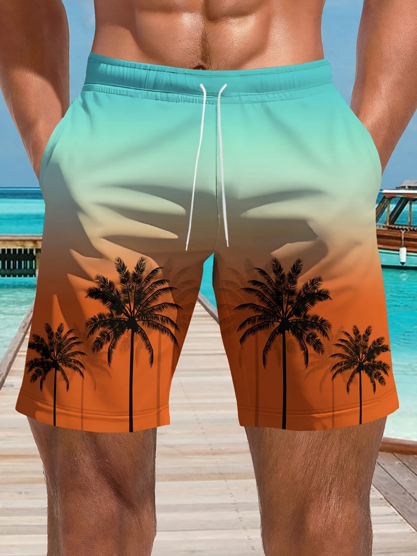 Costume Da Bagno Hawaiano Da Uomo Stampa Palme Sfumate 3D Ad Asciugatura Rapida Spiaggia All Aperto