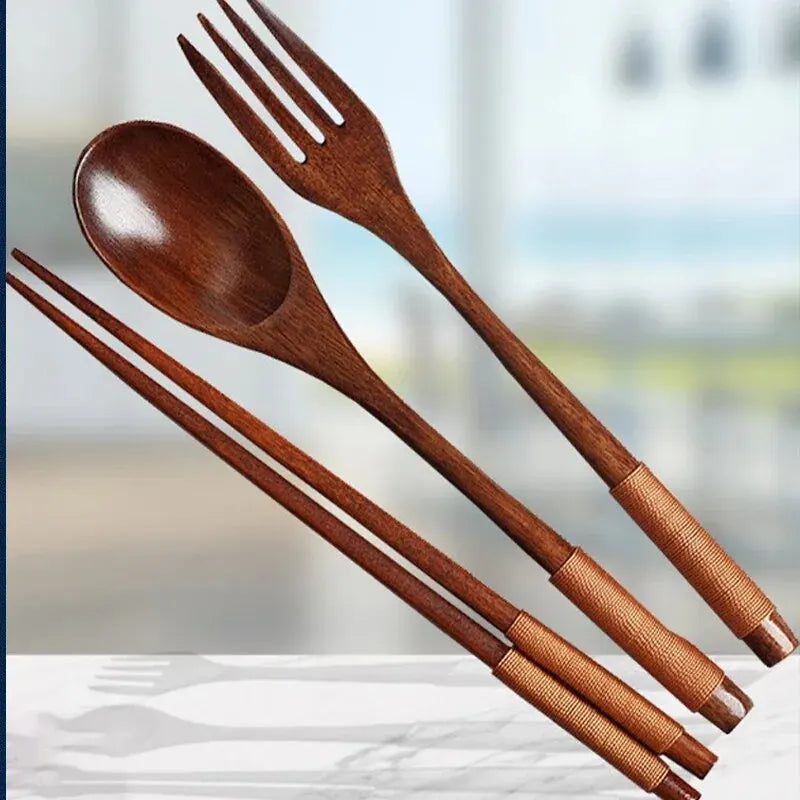 Set Da Tre Posate In Legno Stile Giapponese Bacchette Forchetta E Cucchiaio Per Cucina Utensili Da Casa