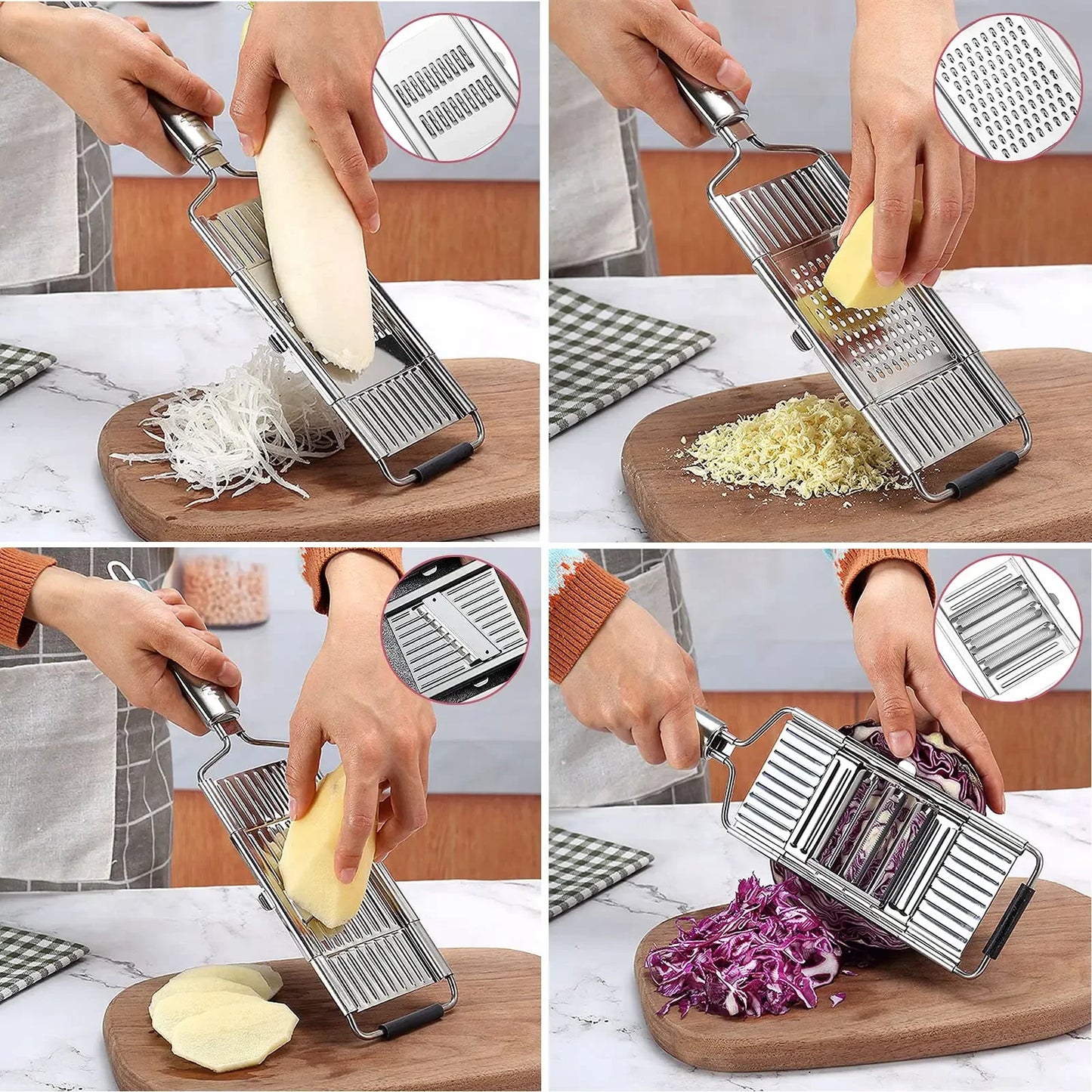 Affettatrice per verdure 4 in1 Trituratore in acciaio inossidabile Affettatrice per verdure multiuso Set di tagli Grattugia manuale per frutta, carota e patate