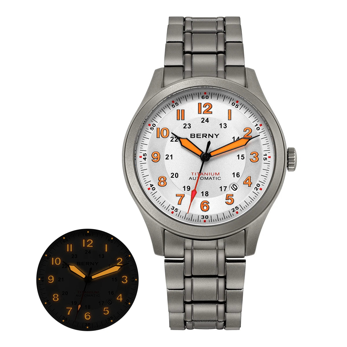 BERNY Orologio Da Campo Da Uomo Automatico In Titanio Con Vetro Zaffiro Luminoso Calendario 10ATM Impermeabile Da Pilota