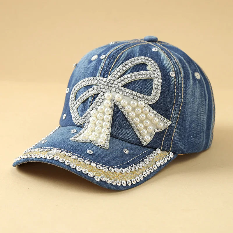 Berretti Baseball Denim Regolabili Protezione Solare Fiocco Perle Cuciture Diamante Fatto a Mano Cappelli Versatili